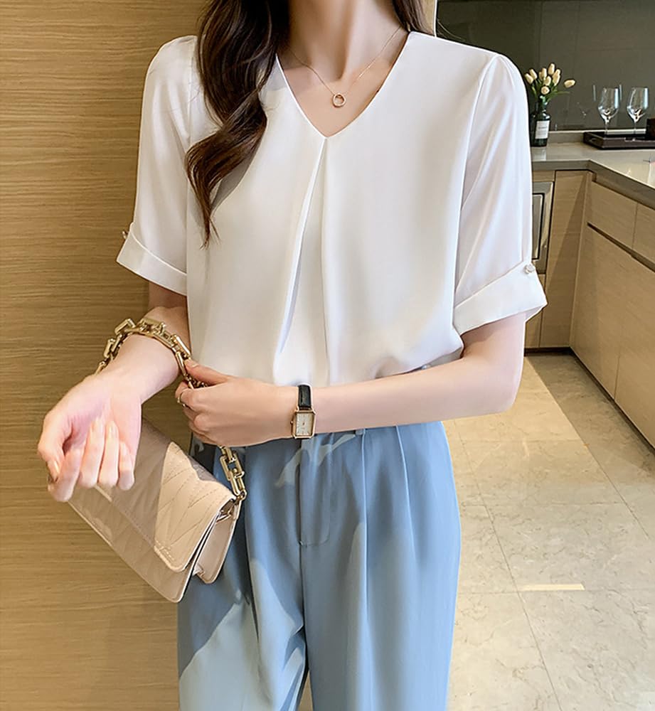 Short Commuting [Hovnbiexe] Women's Blouse, Sleeve, Office, Casual, Shirt, V-Neck, Summer, Chiffon, Top, Stylish, Business, (M, White)