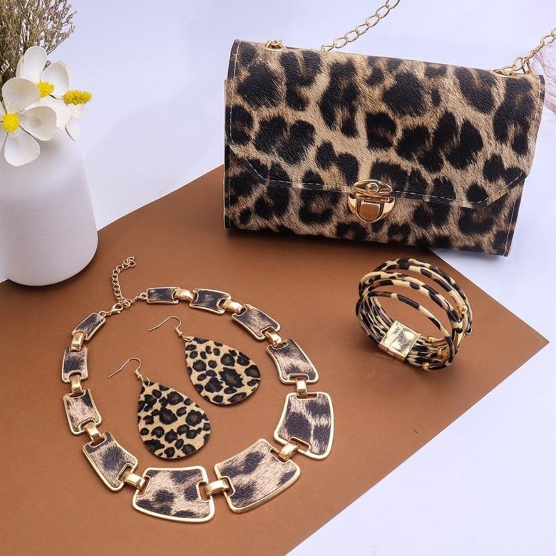 Elegant Women’s Purse Earrings Bracelet Necklace Fashionable Leopard Pattern Accessories Handmade Jewelry Set