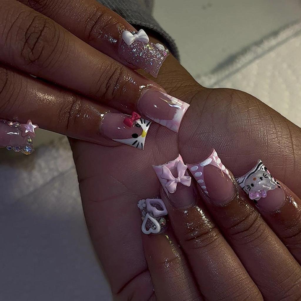 Cute Cat Bow Pink Japanese Manicure Wearable Short Square False Nails