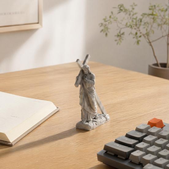 3D Printed Religious Cross Man Ornaments, Compact Imitation Stone Man Carrying Cross Figurine, Decorative Christian Statue for Home Desk And Bedside
