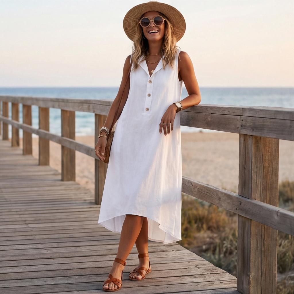 Women's  Casual Loose Linen-Cotton Sleeveless Dress