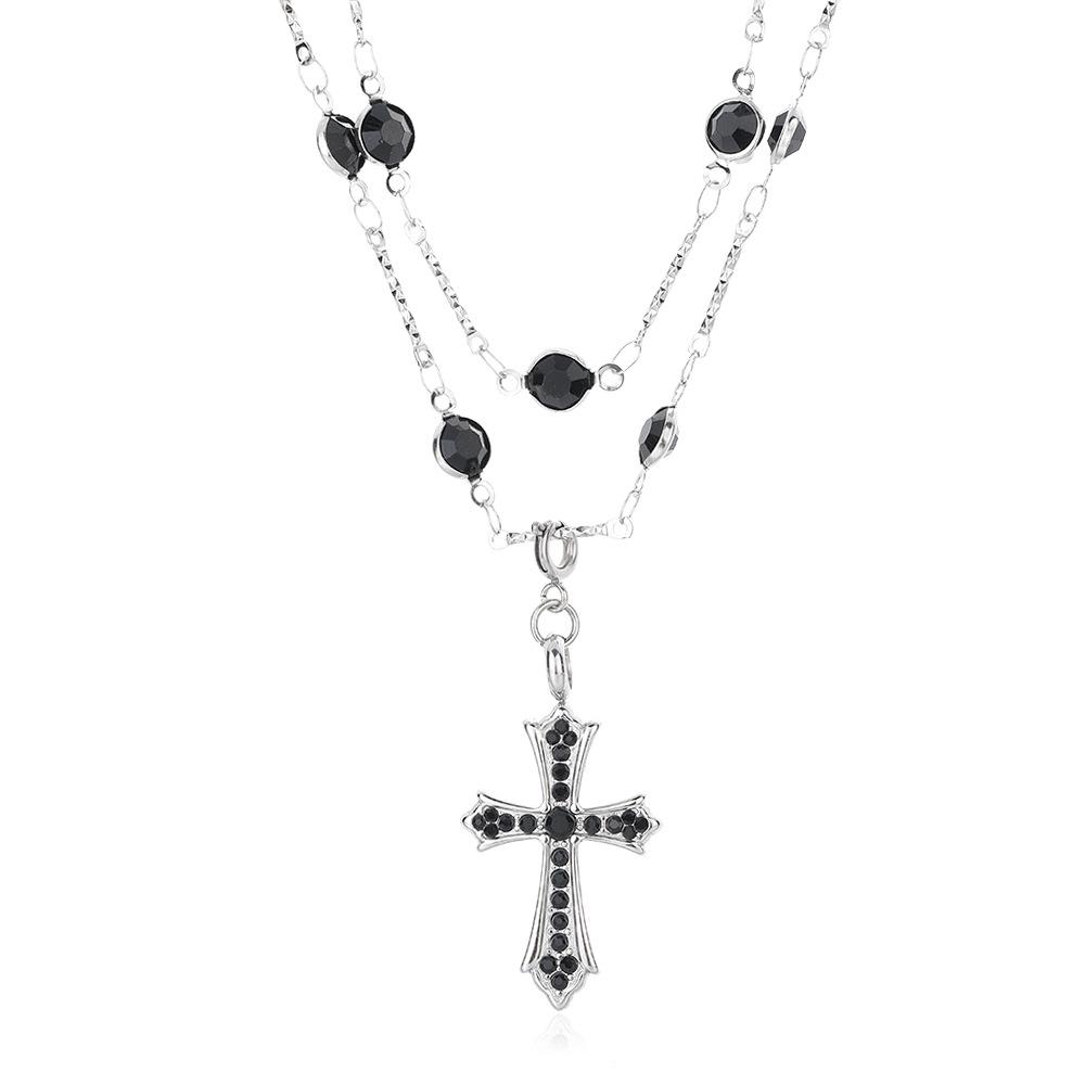 Black Gemstone Cross Titanium Steel Necklace for Women, Unique High-end Design, Double-layer Stacking, Men's Accessories