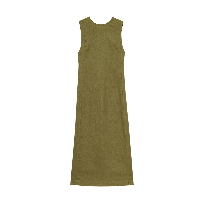 

Kaslead New Women clothes Western Style Fashion Simple Linen Midi Sleeveless Dress 2731072 Army Green L