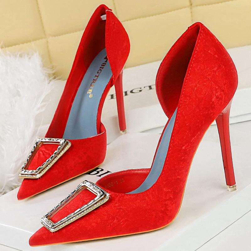 

BIGTREE Shoes 10.5 cm Stiletto Metal buckle Women Pumps Side hollow out High Heels Luxury banquet shoes pointed end Ladies shoes 34