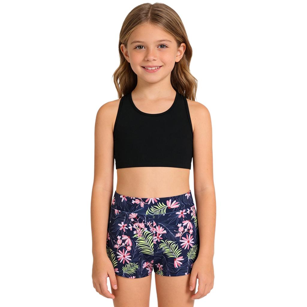 Girls Bathing Suit Set Sleeveless Round Neck Crop Top Wide Elastic Waistband Shorts Beach Swimming Outfit