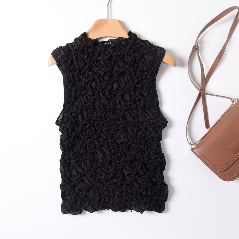 

MD Women clothes New French style Texture Pleat Half-high Collar Tencel Sleeveless T-shirt Vest Top 06865927717 Black L