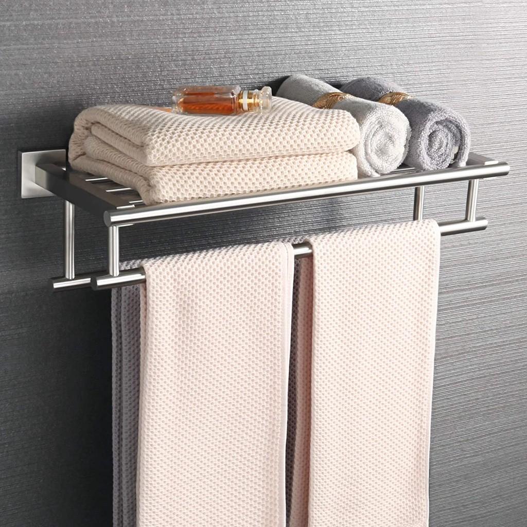 SUS 304 Stainless Steel Towel Rack Practical Double Bars Towel Shelf Household Bathroom Wall Mount Holder