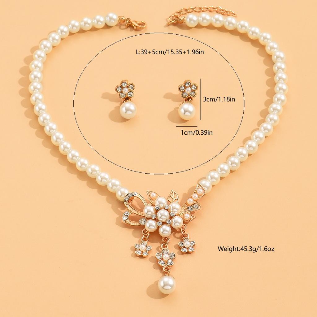 Brand New Pearl Flower Necklace Earrings Set Women's Jewelry Alloy Electroplated
