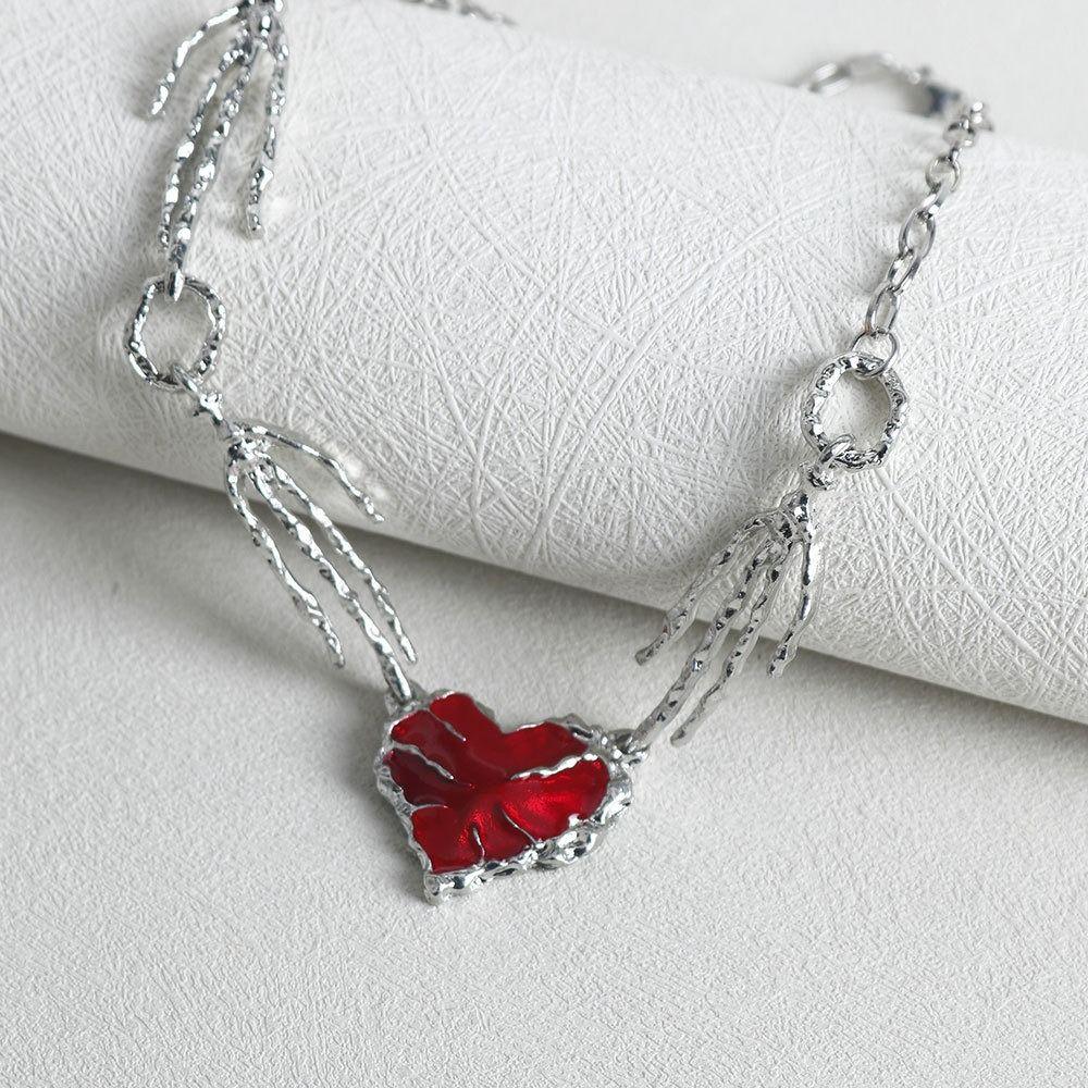 Red Heart Skull Claw Pendant Exaggerated Heart Necklace Fashion Gothic Necklace Women Girls