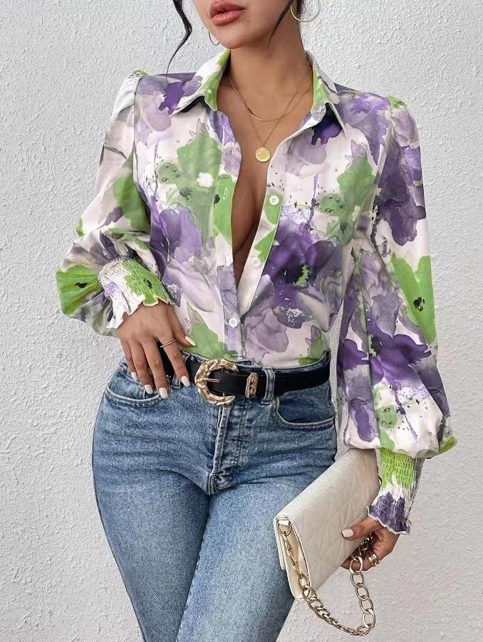 European and American women's clothing new tops, lapel bubble long-sleeved loose printed shirt