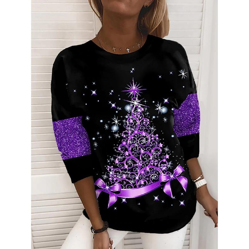 XS-8XL Women's T Shirt Tee Snowflake Sparkly Christmas Tree Christmas Weekend Painting Tee Long Sleeve Print Round Neck Basic