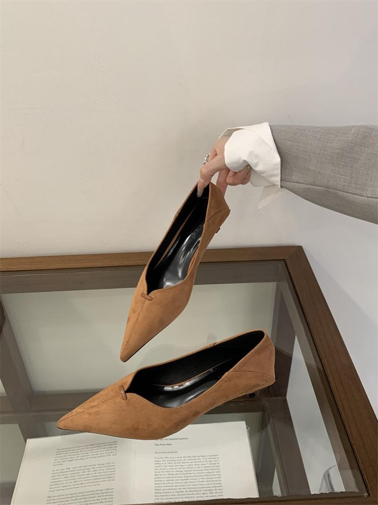 2025 New Pointed Suede Cat Heel High Heels Women's Thin Heel Shallow Mouth Single Shoes Autumn Versatile Professional Work Shoes