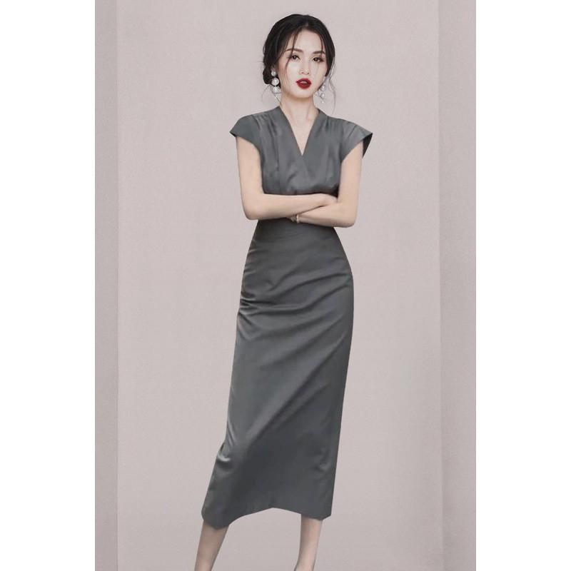 Royal Sister V-Neck Pleated Shrug Slim Dress - Women's Summer Fashion Skirt