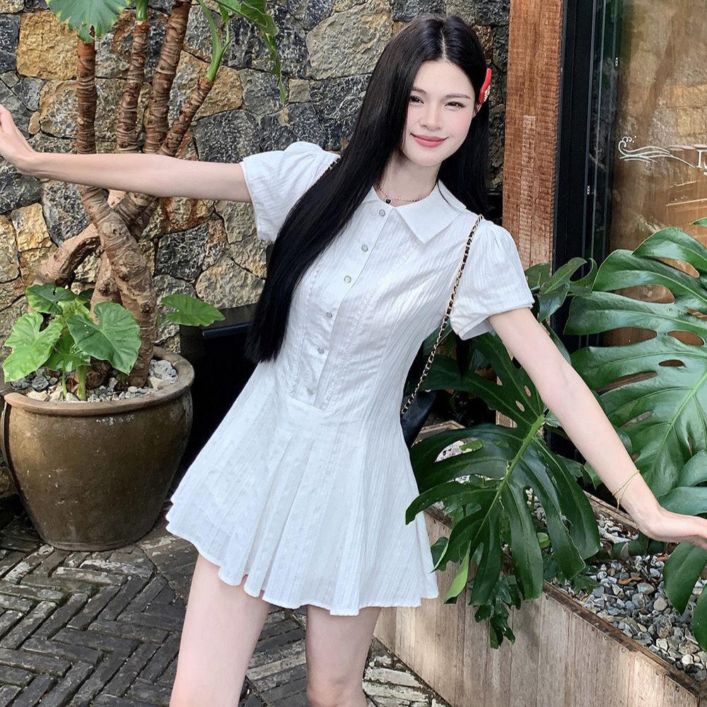 (with Inner Lining) College Style White Short-sleeved Shirt Dress Summer New A-shaped Skirt Small Pleated Short Skirt