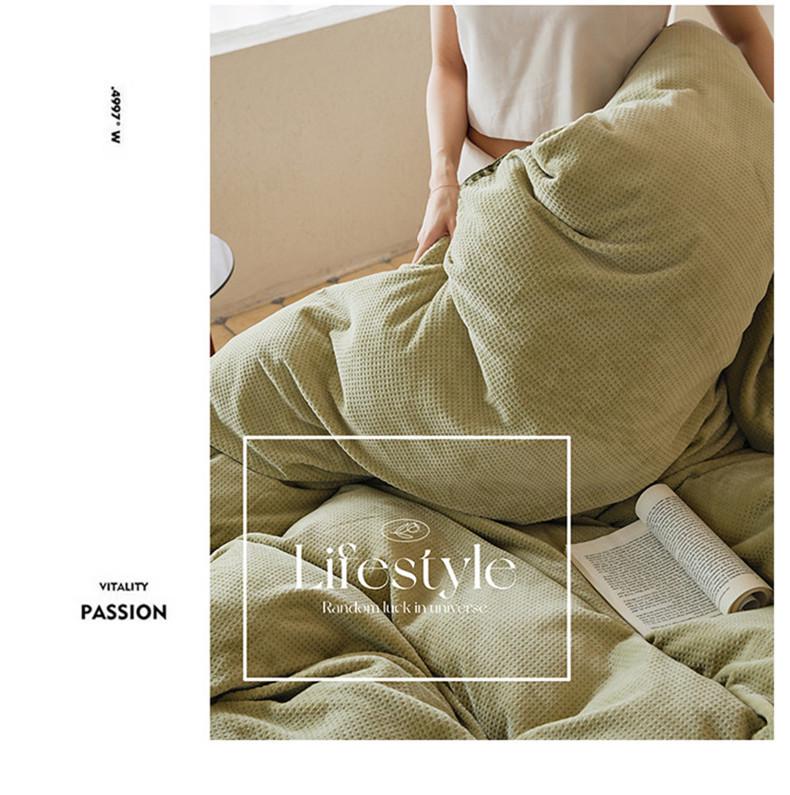 Nordic Light Luxury Coral Fleece Winter Bedding Set - Milk Velvet Waffle, Double-Sided Duvet Cover and Bed Sheet