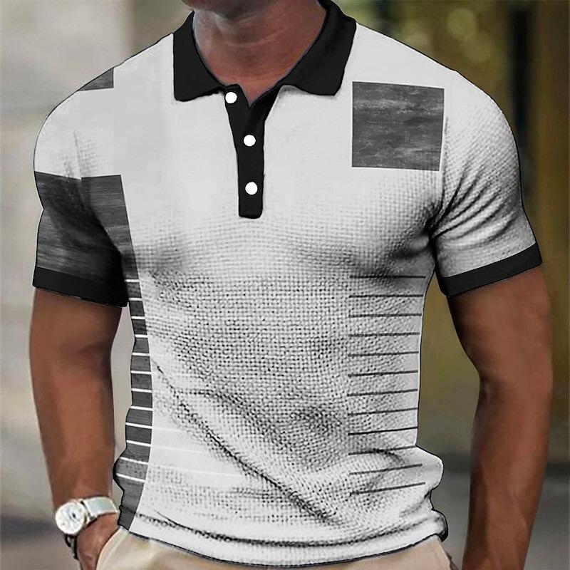New Men's Polo Shirt Striped Pattern Short Sleeved Top with 3D Color Block Printing Casual Golf Harajuku Polo Shirt
