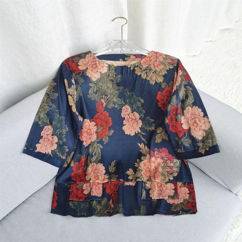 Ladieswear Summer Clothes T-shirt Short Sleeve Silk Plus Size Women's Clothing Middle-Aged and Elderly People's Clothes Loose Belly-Covering Coat