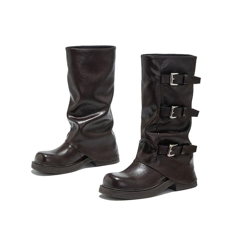 Fashion AIYUQI Women's Western Cowboy Boots 2025 New Square Toe Pleated Women Trouser Leg Boots Large Buckle Boots female