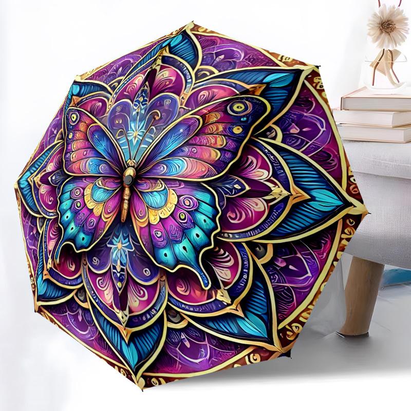 1pc Butterfly Mandala Artwork Auto-Fold Umbrella with One-Touch Open/Close - 8 Reinforced Ribs for Windproof Stability, yy251118156