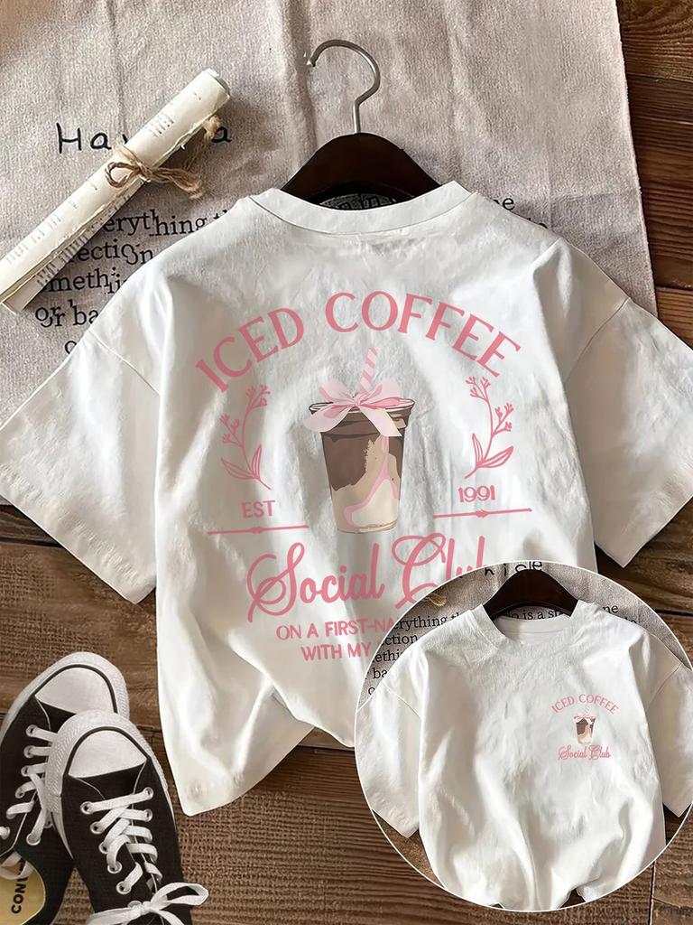 Iced Coffee Social Club Graphic T-Shirt Pink Bow Coffee Lover Tee Summer Harajuku Streetwear  Tops For Women