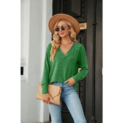 Spring and Autumn Women's Blouse Solid Color V-Neck Loose Casual Long Sleeve Top