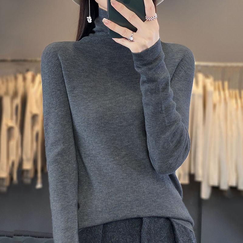 Women's Seamless Ribbed High-Neck Wool Base Layer: Long-Sleeve, Thin, Versatile Knit Top for Spring