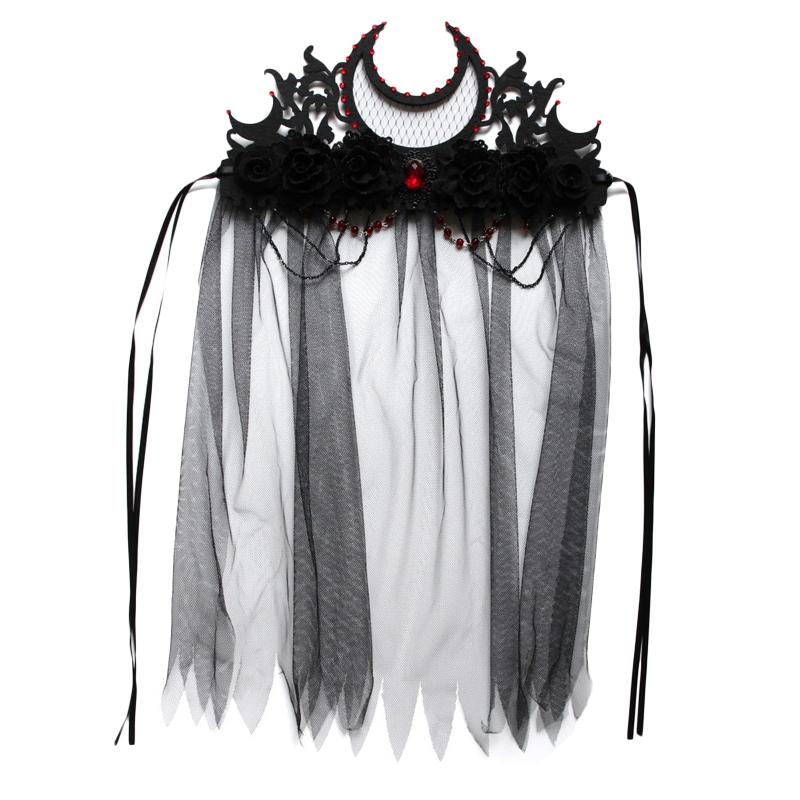 Tag der Toten Stirnband Gothic Kopfschmuck Schwarzer Schleier Krone Barock Tiara Krone Lolita Haaraccessoires Halloween Krone