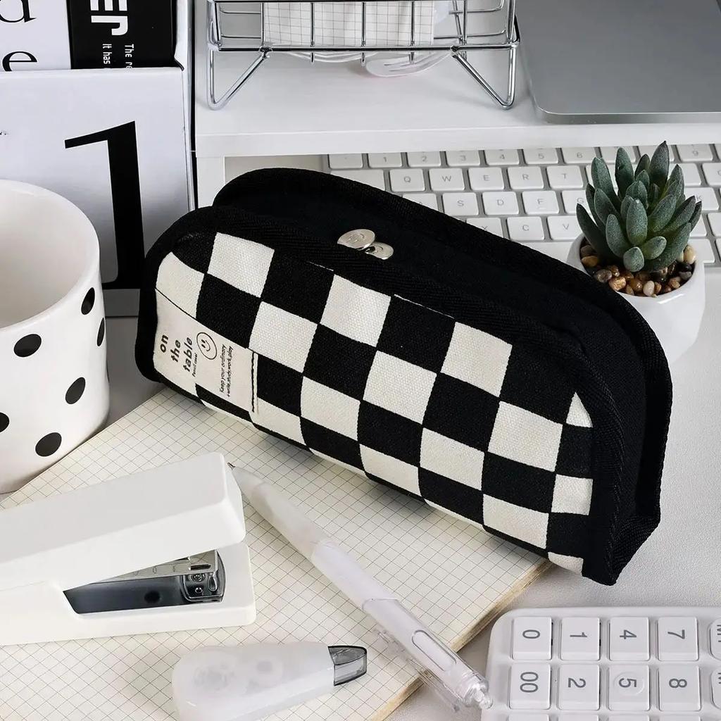 1pc-Black Checkerboard Grid Large High Value Storage Pencil Bag Stationery Box