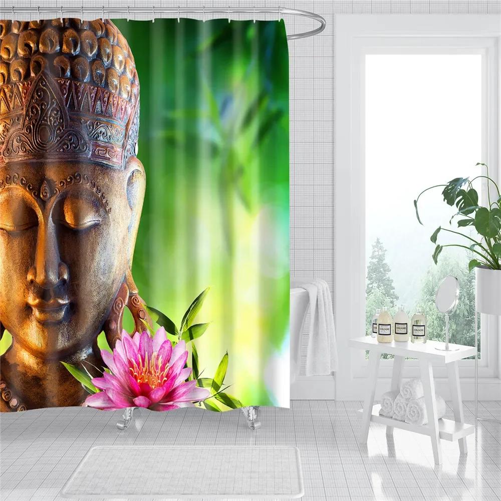 3D Buddha Plant Printed Bath Curtains Waterproof Polyester Fabric Bathroom Shower Curtain Screen with Hooks Bathroom Curtains