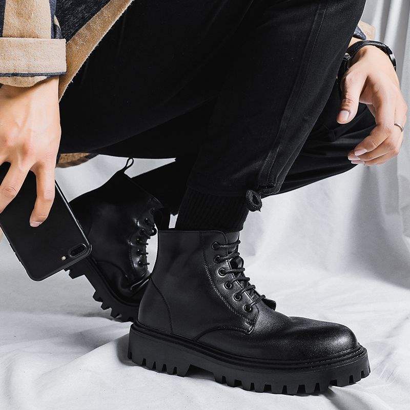 Autumn Martin boots Men's British high-top boots New mid-top leather shoes Black tooling Chelsea short boots
