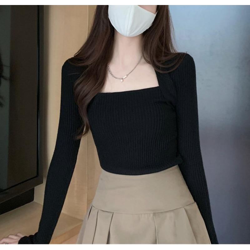 Square Collar Black Bottoming Shirt Women's Autumn Clothing New Inner Sweater Knitted Sweater Irregular Collar Slim Top Women