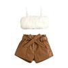Girls Fashion Set Summer Kids Casual Furry Suspenders Solid Color Leather Pantsuit with Belt