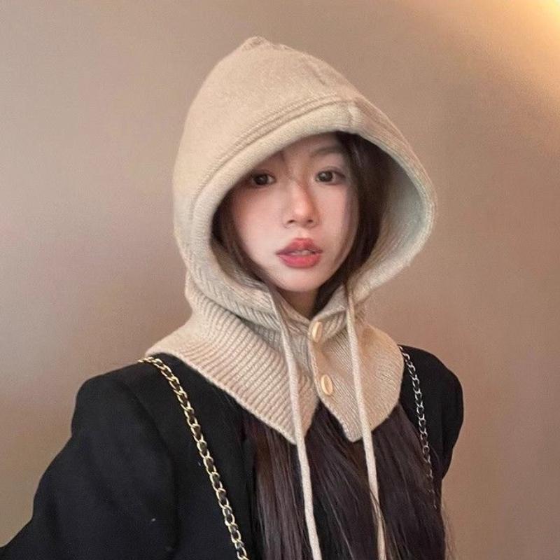 Autumn Winter Warm Neck Protection Knit Balaclava Hat Thickened Ear Protection Wool Hat Drawstring One Piece Scarf Hooded Cap