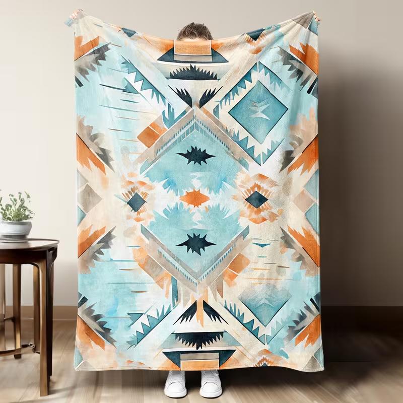 Watercolor Geometric Pattern Blanket Soft Warm Vintage Tribal Blanket Boho Style Sofa Bed Blanket