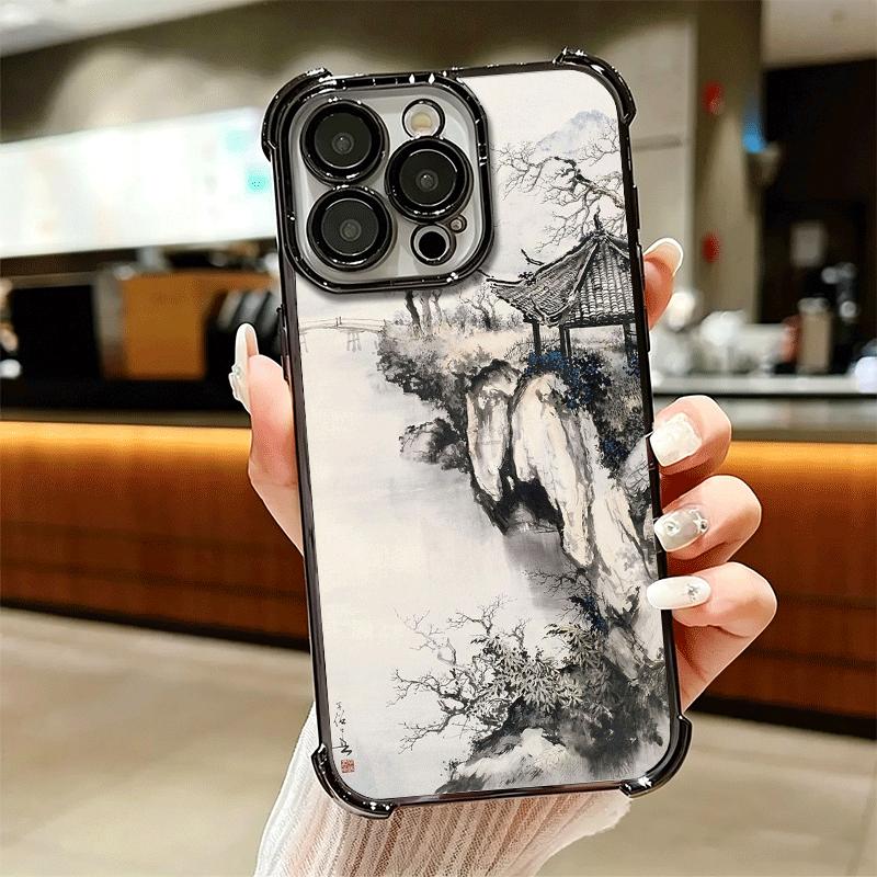 Chinese Style Ink Painting Art Soft Phone Case For iPhone 15 16 17 Air 14 Pro Max 16E Plus 13 12 Mini Plating Anti-Fall Fundas