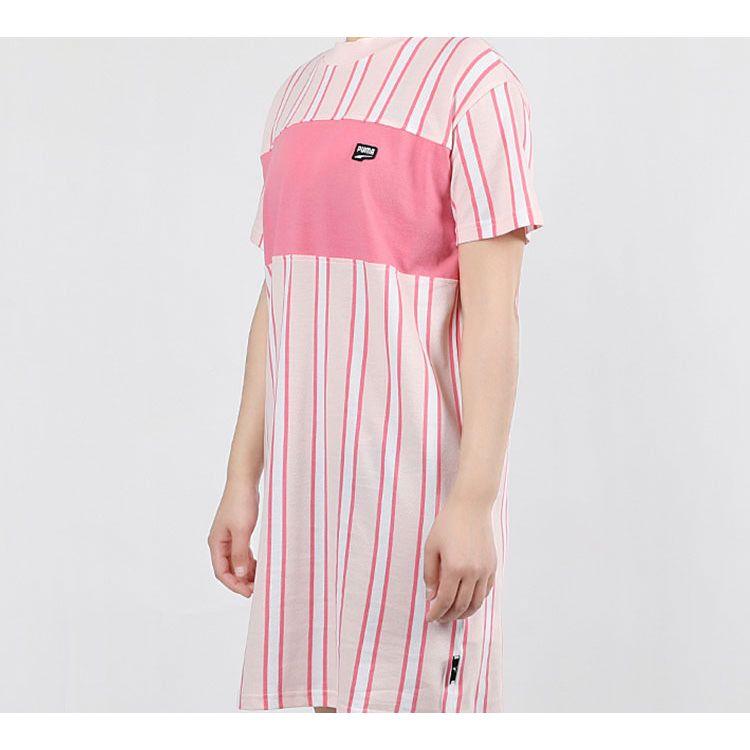Puma Logo Patchwork Striped Casual Sports Comfortable Breathable Pullover Round Neck Short Sleeve Dress Women dress Pink 596007-17