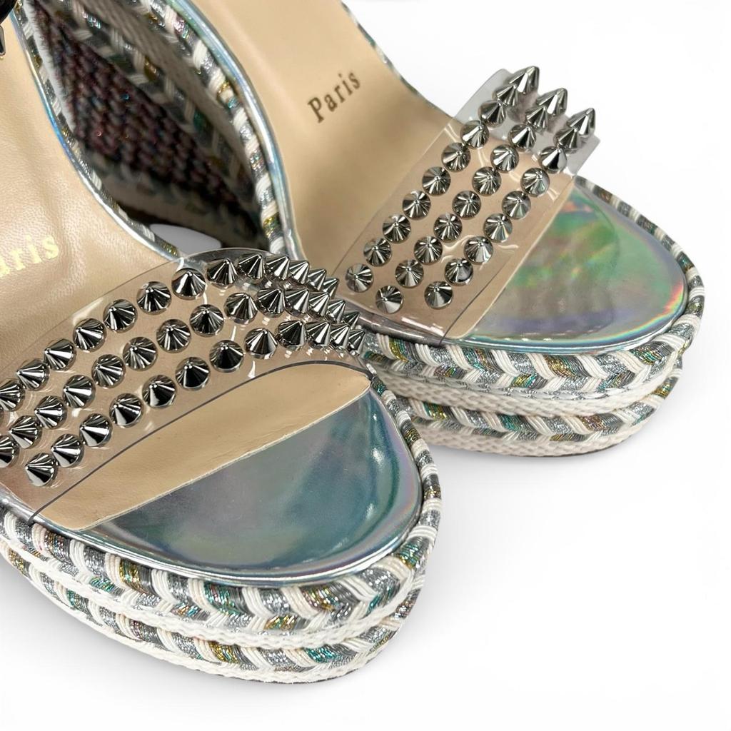 Pristine Christian Louboutin Sandals spike stud wedge sole Silver beige 35 Used