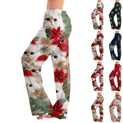 Pantaloni casual de damă cu șnur, cu imprimeu de Crăciun