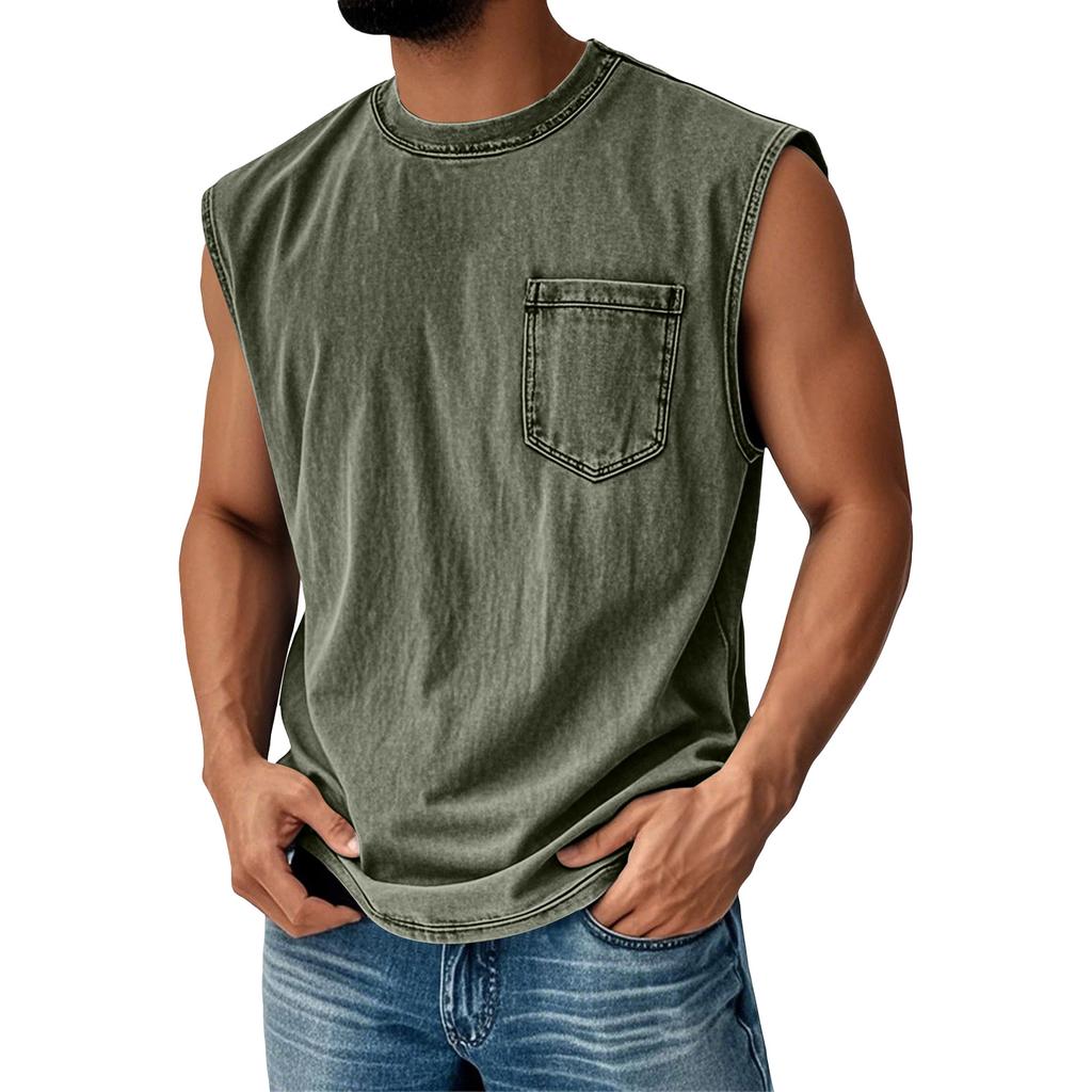Men Sleeveless Muscle Tank Top Crew Neck Casual Pocket Design Relaxed Fit Vintage Style Shirt for Summer Daily Wear