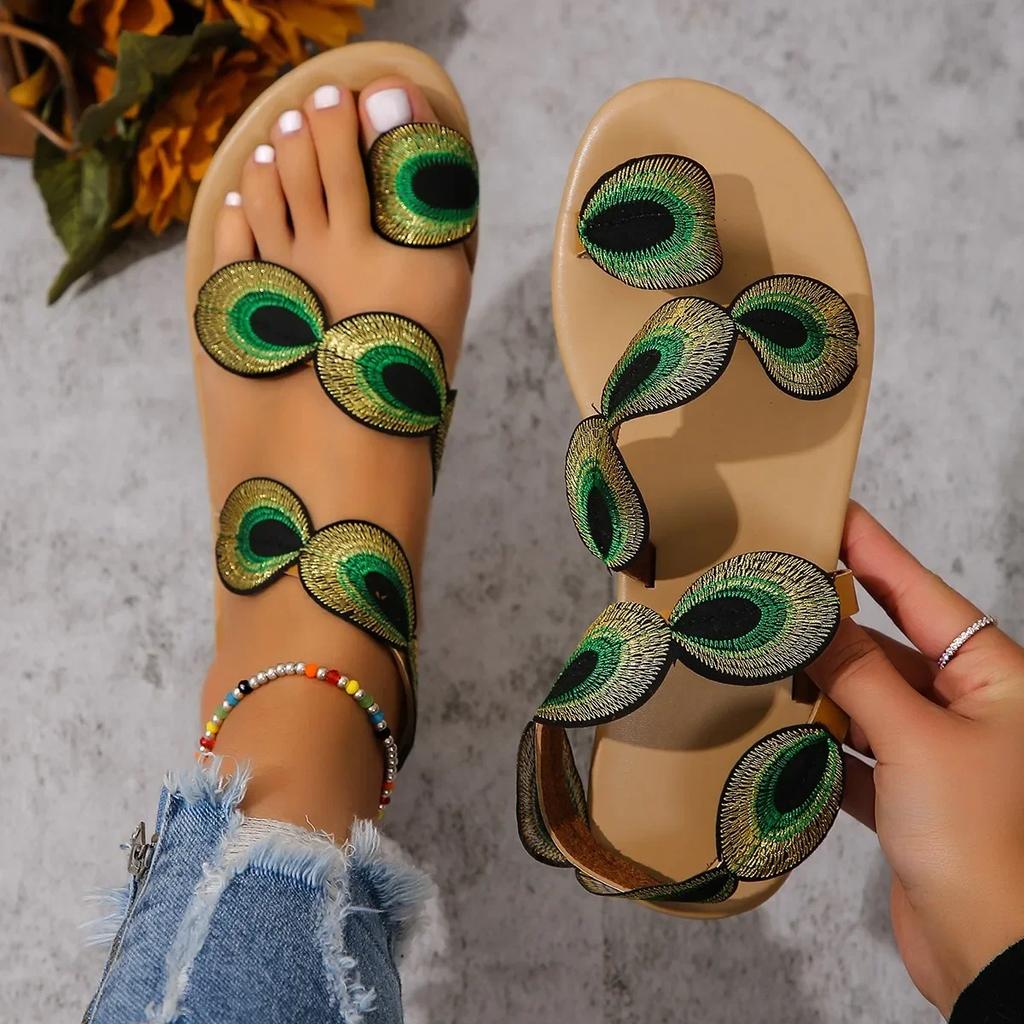 Fashion Yellow Embroidered Faux Flower Fashion Sandals Peacock Flat Plus Size 43 Summer Outdoor Beach Shoes Travel Mom Shoes