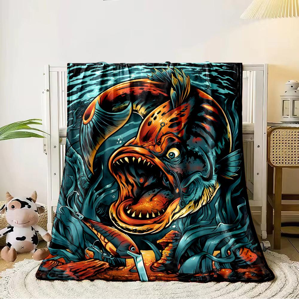 Ferocious Fish Illustration with Lure Design Flannel blanket for bedroom, living room, sofa, and nap sofas.