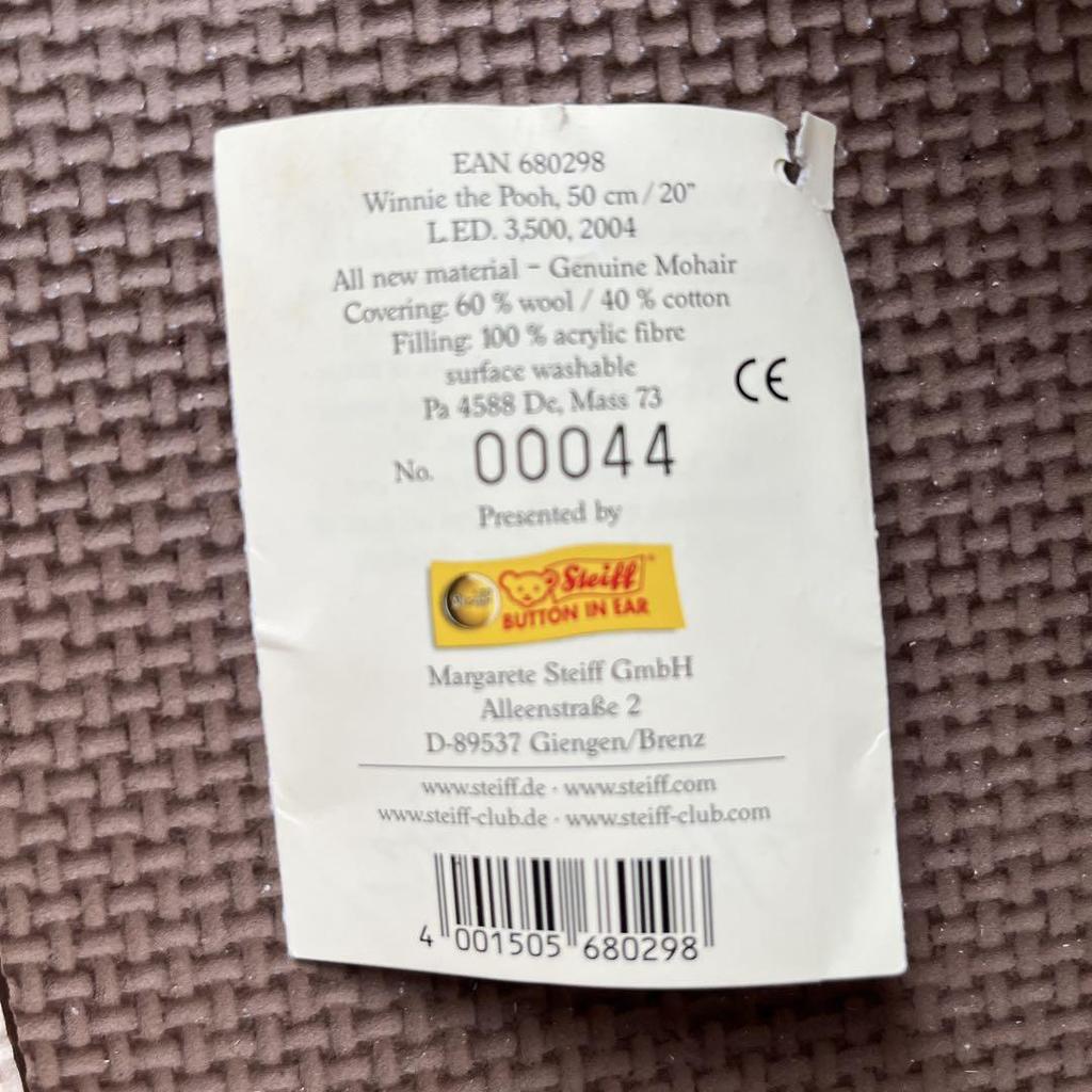 [USED] Steiff Winnie the Pooh Plush Toy Teddy Bear Disney Collector