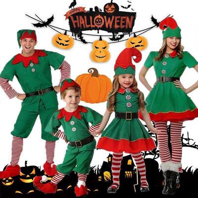 Festliches grünes Elfen-Familienkostüm für Weihnachten und Halloween