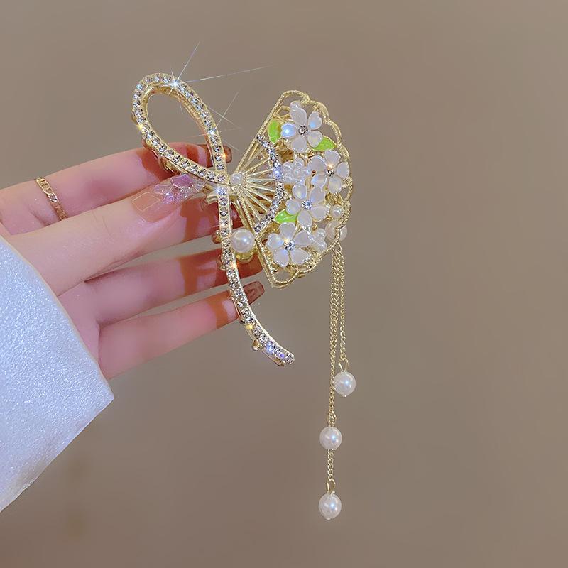 Mote Retro Vifte Duskel Stil Grab Clip Rhinestone Hårklemme Hestehale Klemme Grab Clip Elegant Hodeplagg Kvinne