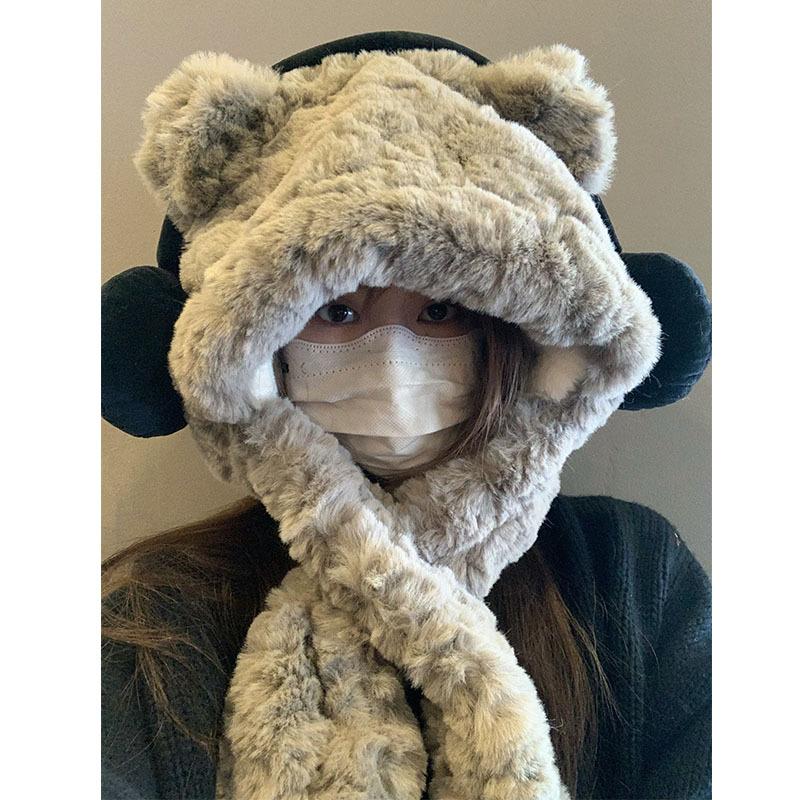 Thickened Cute Headphones Bear Hat Scarf Plush Ear Protection Lei Feng Hat Pullover Hat