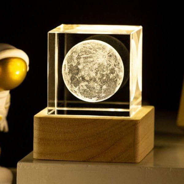 Lampă Lună Cristal 3D cu Lumină LED USB și Bază din Lemn | Lumină de Noapte Cub de Cristal Alb Cald pentru Dormitor, Decor Acasă