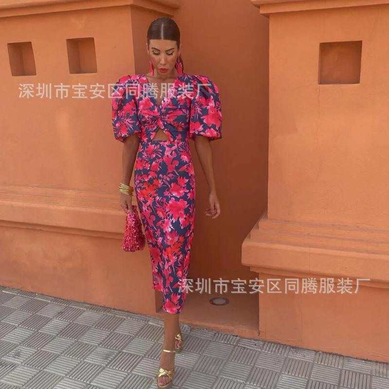 New European, American, Printed Casual V-neck Tight-fitting Hip-wrapped Waist Bubble Short-sleeved Dress