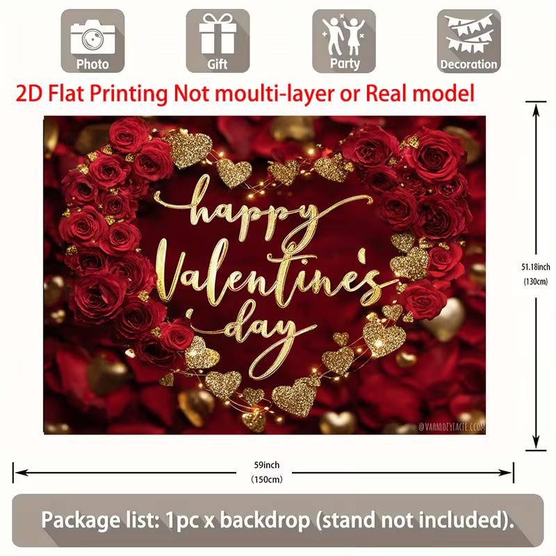 2D Happy Valentine's Day Banner, Red Rose & Gold Glitter Heart Background for Valentine's Photo Booth