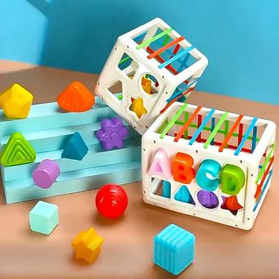 Baby Shape Sorting Toys Children Montessori Educational Toys Colorful Sensory Cube Toys with Elastic Bands for Fine Motor Skills