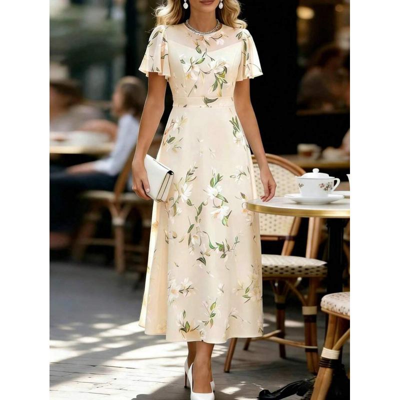 Europe, America 2026 summer new fashion temperament floral lotus leaf sleeves elegant chiffon dress women S абрикосовый